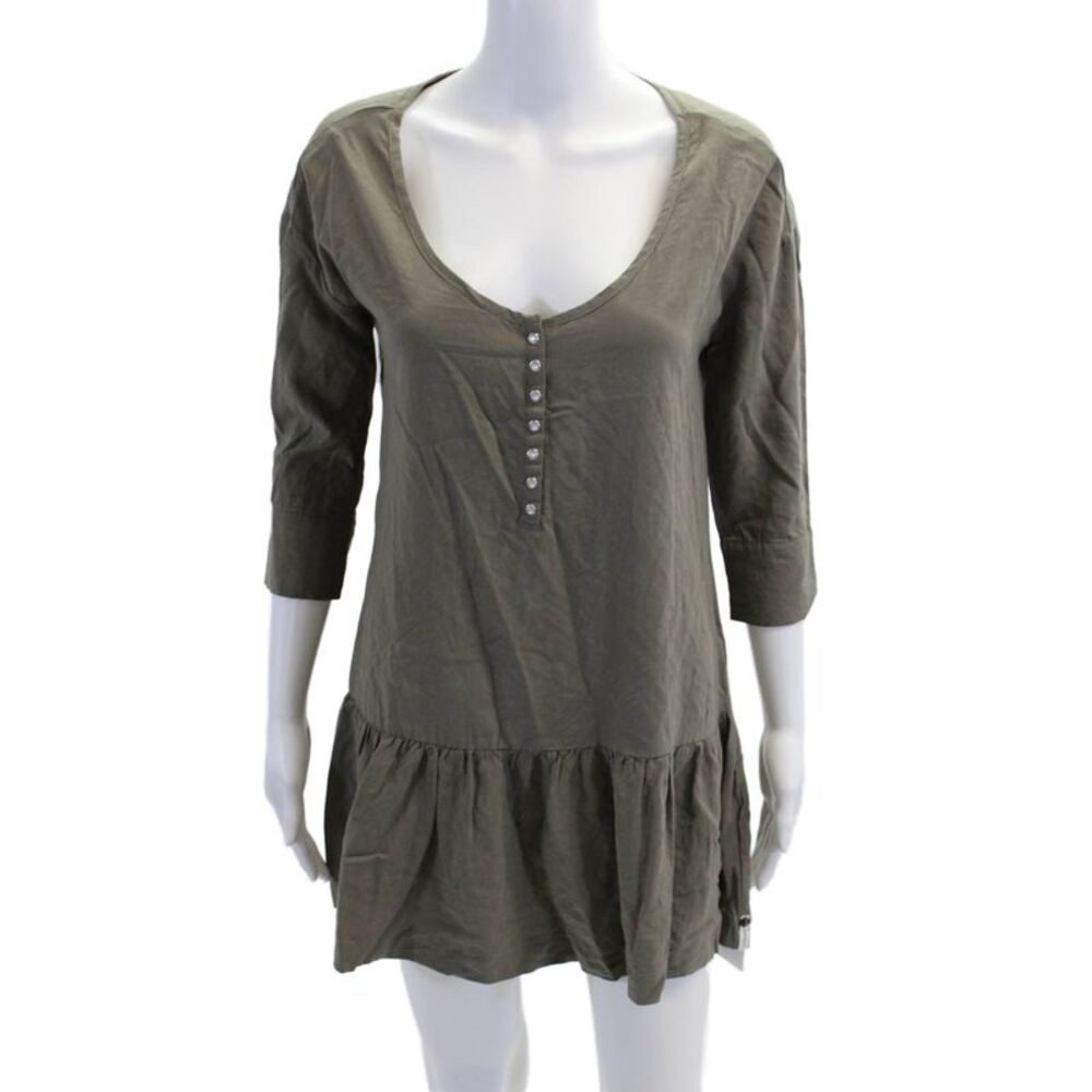 One by One Teaspoon Womens Scoop Neck Ruffle Hem Mini Shift Dress Olive Size XS